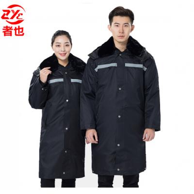 者也 保安大衣加厚加长保安服冬装棉服中长款反光大衣多功能防寒服物业工作服棉衣 带反光条加长款